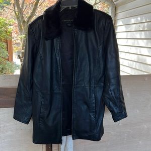 Centigrade black genuine leather coat with gorgeous faux fur detachable collar.